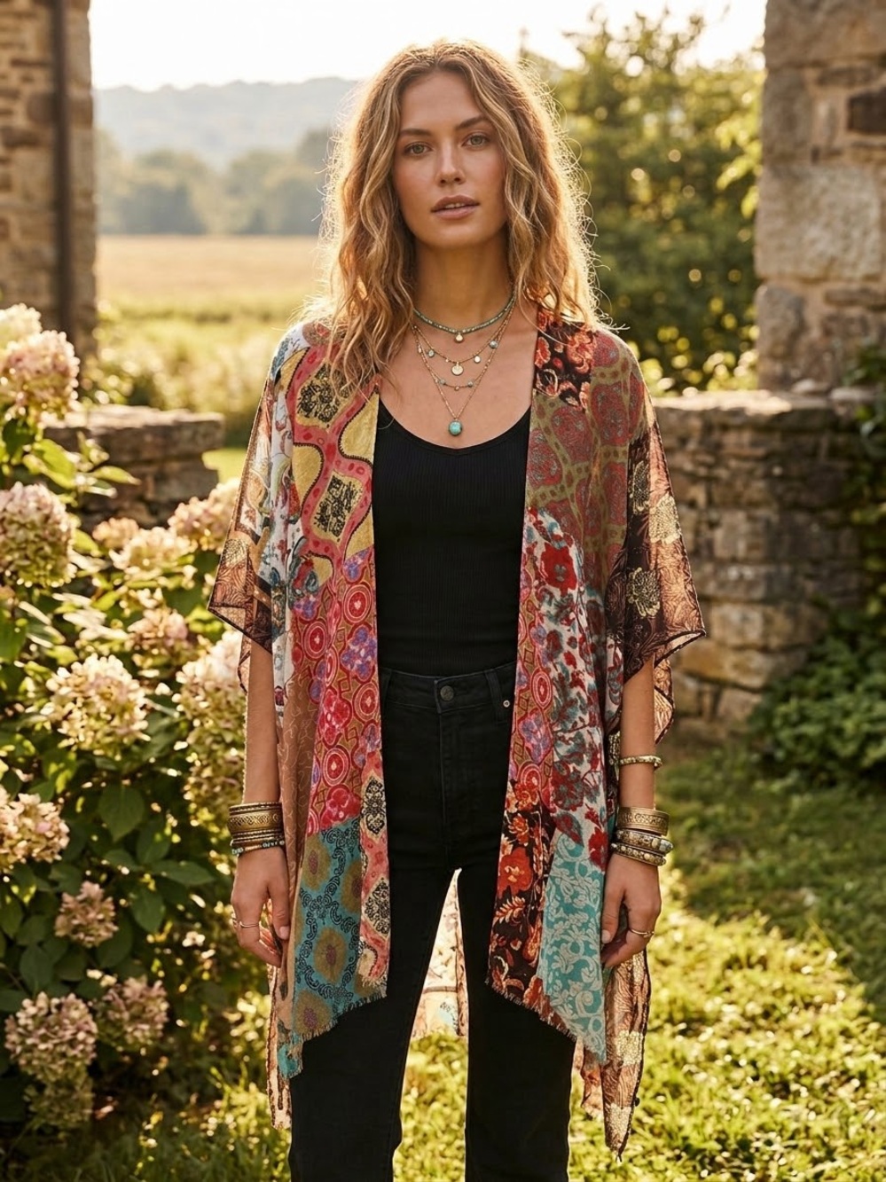 Boho Multicolor Floral Patchwork Kimono Cardigan
